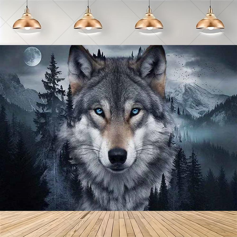 Wolf-themed birthday party decorations, backdrop with northern lights, moon and howling wolf, artistic background3470