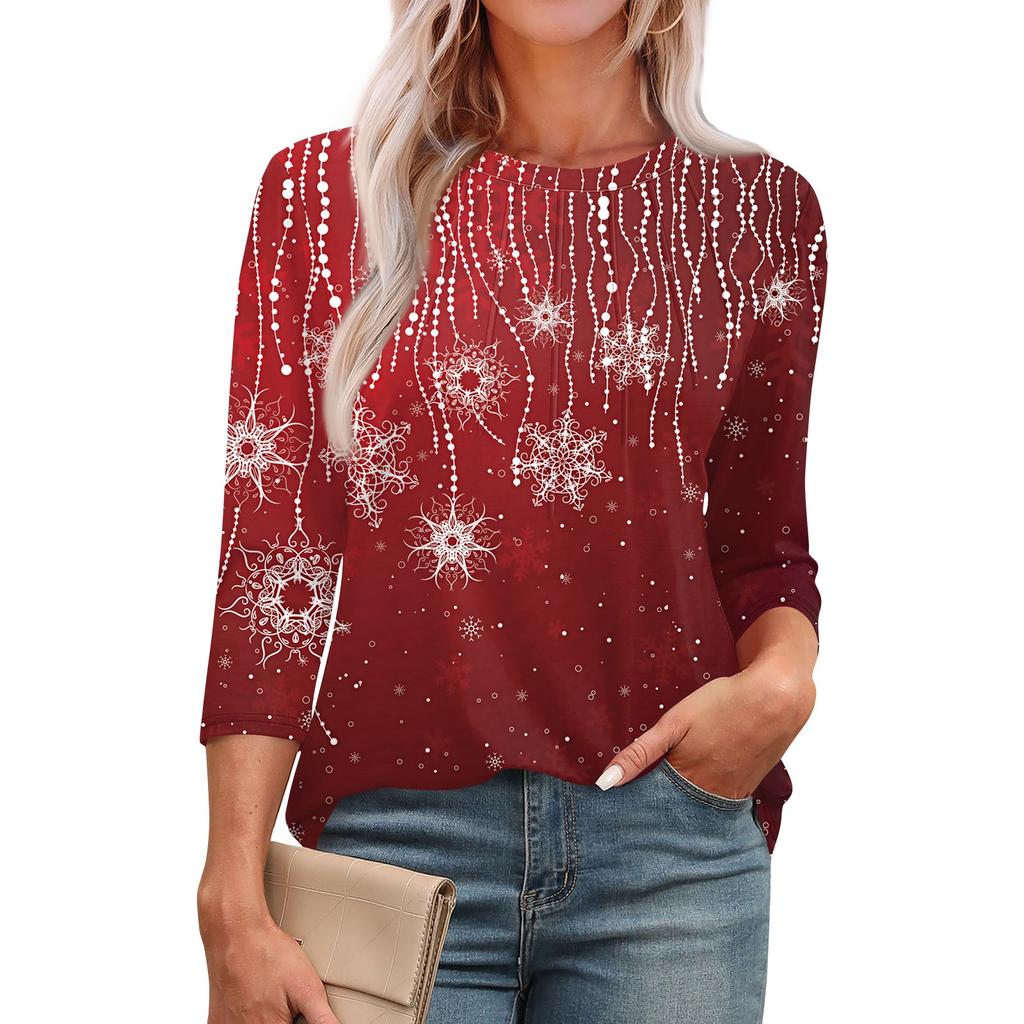 Женская модная футболка с круглым вырезом и рукавом 3/4 с принтом, повседневная, базовая, плиссированная, пуловер