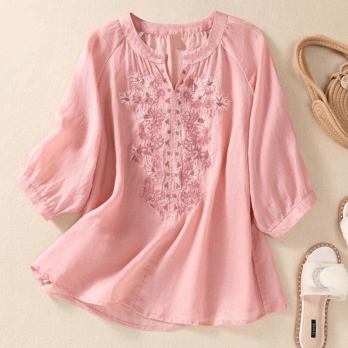 Cotton Linen Flower Embroidery Shirt Women Three Quarter Sleeves V Neck Casual Blouse Loose Solid Color Mother Blouse Women Top