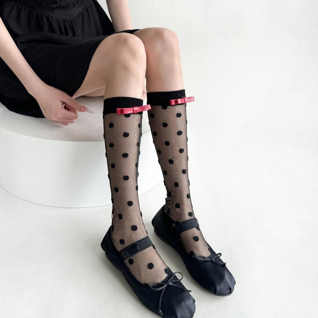 Black White Nylon Long Socks Stockings Women Ultra-thin Transparent Polka Dot Crystal Silk Socks Cute Bow Sweet Girls Knee Socks