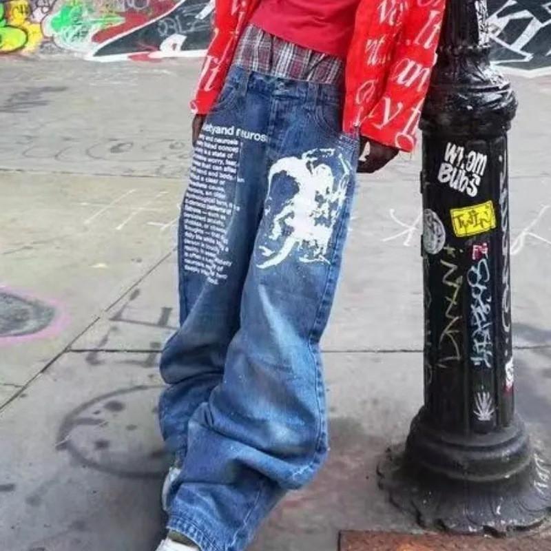American Harajuku Retro Y2K Graphic Print Jeans High Waist Wide Leg Streetwear