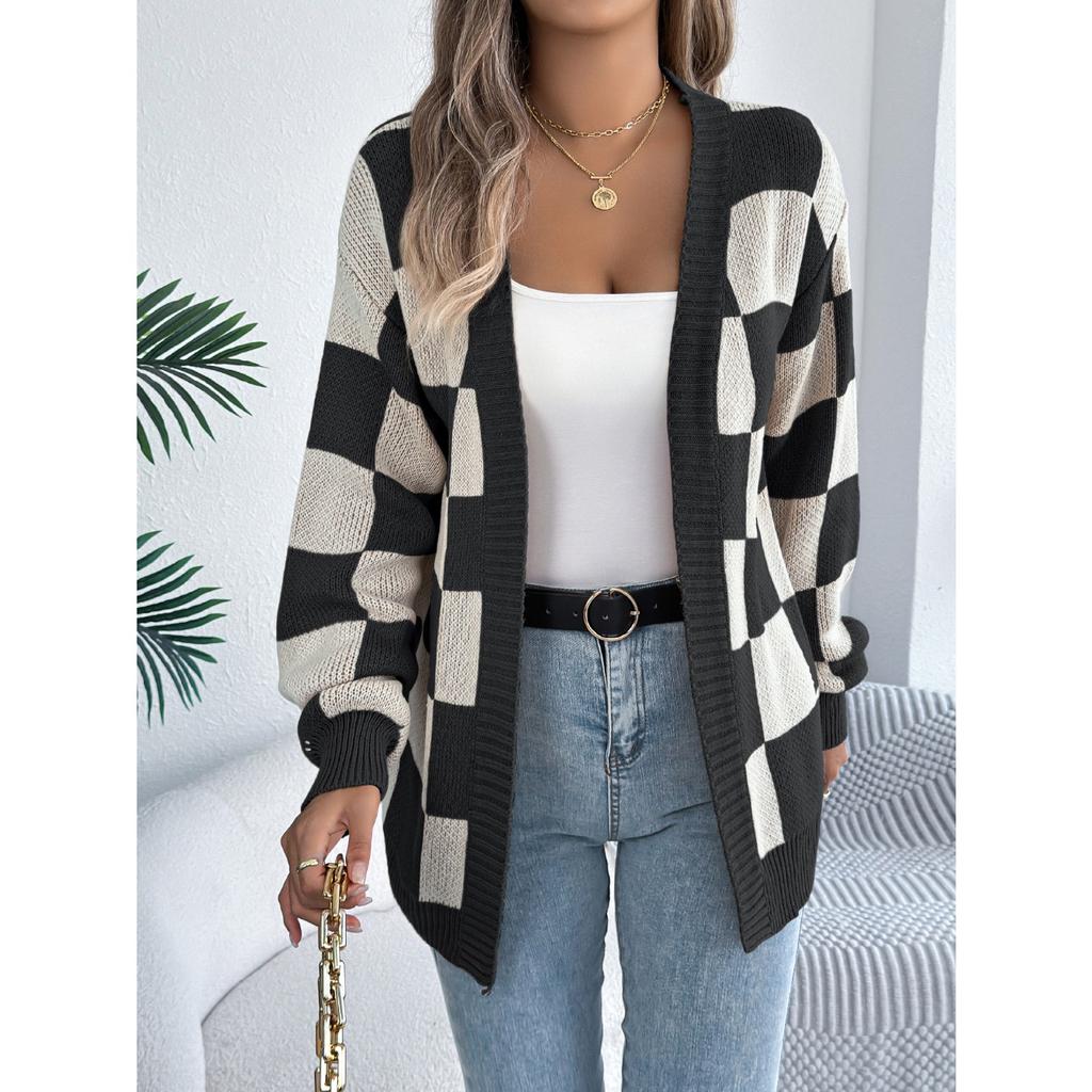 GMXIA Autumn and Winter Color-blocking Checkered Lantern Sleeve Cardigan Sweater Mid-length Coat Women's Wear