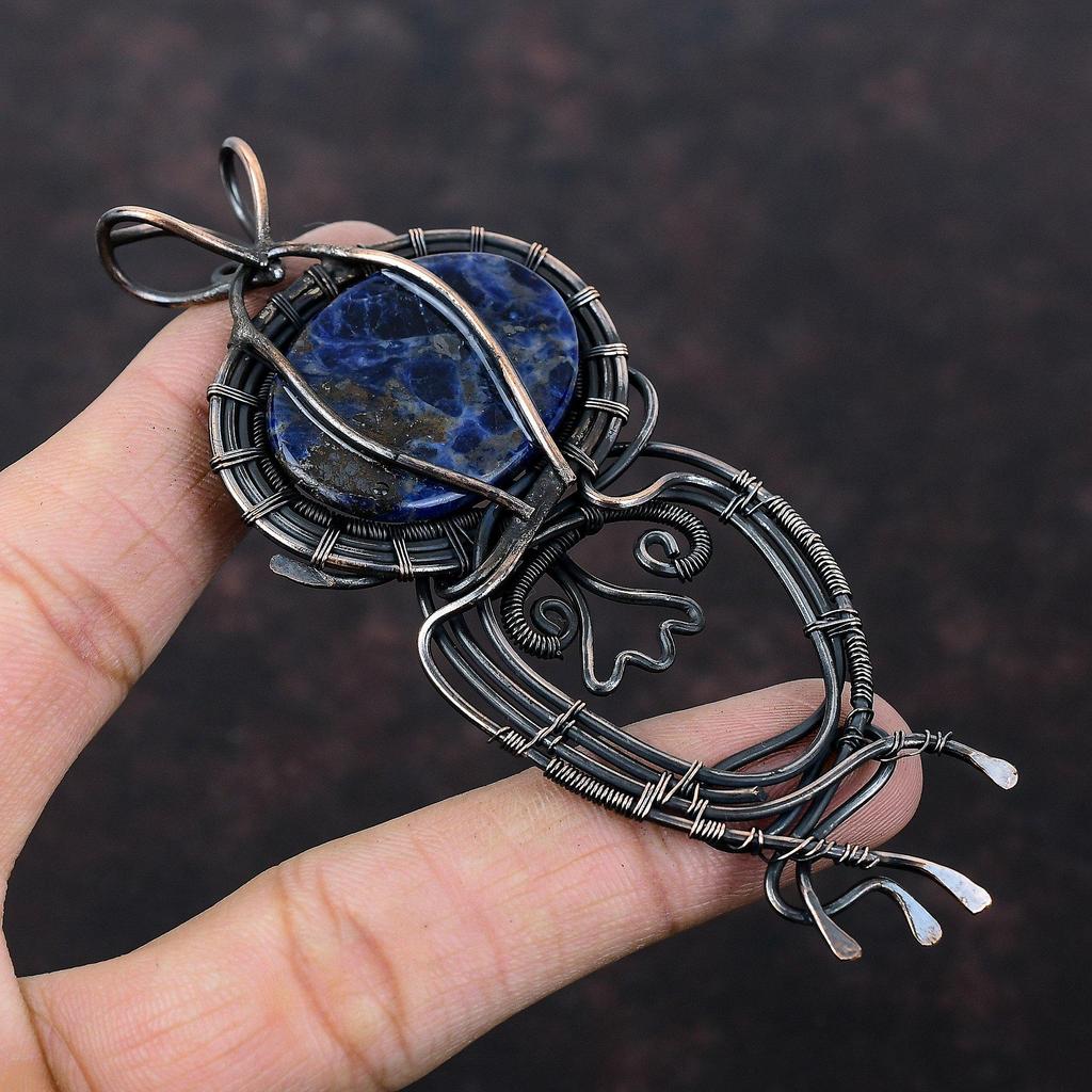 Подвеска из содалита, обернутая медной проволокой, ювелирное изделие из драгоценных камней, подвеска из камня по рождению, ювелирное изделие из медной проволоки, подарок для нее, совершенно новый кулон ручной работы