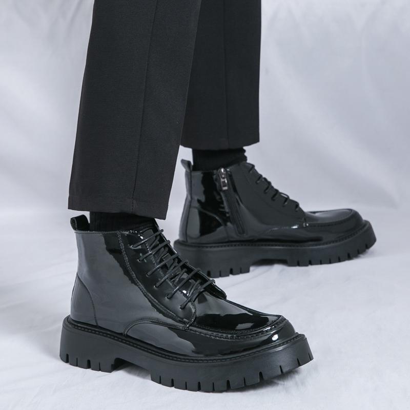 Модные мужские туфли из блестящей кожи на толстой подошве, износостойкие, на шнуровке, уличные рабочие ботинки, зимние зеленые деловые мужские ботильоны