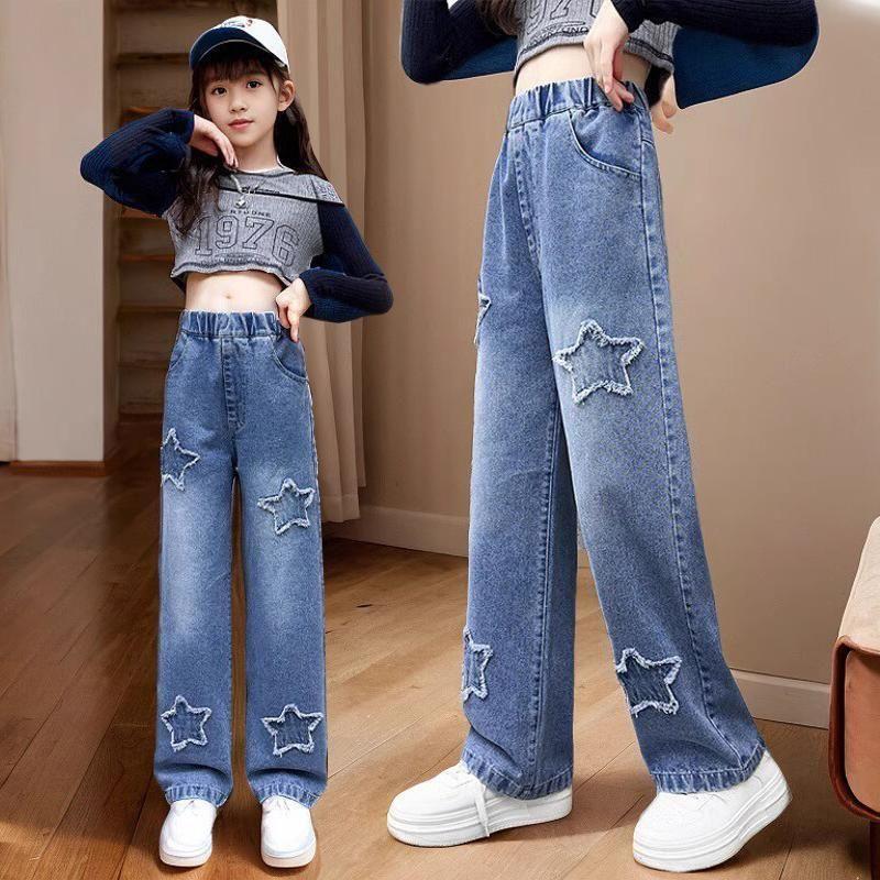 Джинсы-карго с широкими штанинами для девочек-подростков, весна-осень, модные детские повседневные джинсовые брюки для школьников, прямые мешковатые брюки