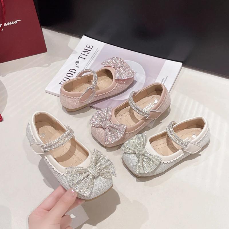 Детские кожаные туфли с блестками и бантом, туфли принцессы для девочек, милые шикарные детские повседневные свадебные туфли, неглубокие, универсальные