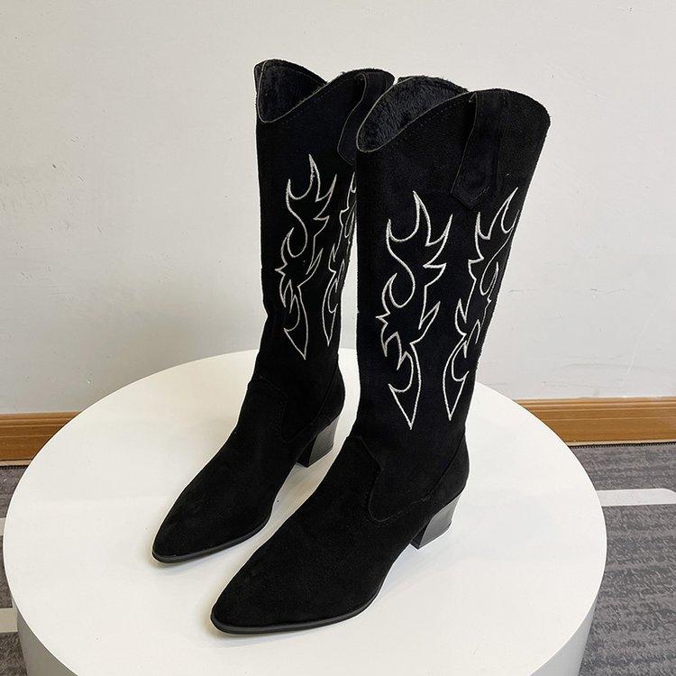 Женские ковбойские сапоги в стиле вестерн, остроносые женские туфли с принтом, сапоги до середины голени, зимние сапоги на толстом каблуке, танкетки, рыцарские сапоги Feminina