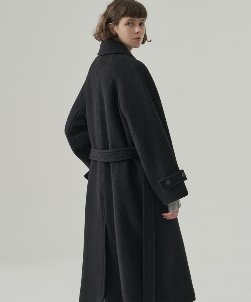 DRAWFIT WOMEN Rabbit Angora Wool Balmacaan Long Coat [Black]