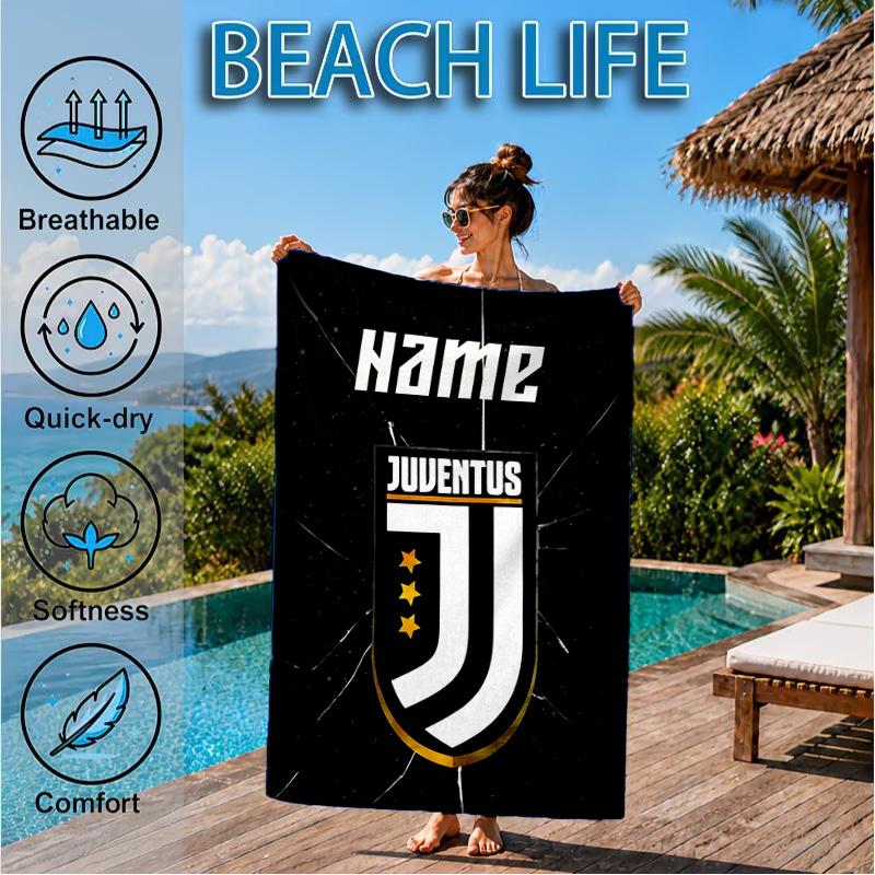 Custom Name Beach Towel Juventus FC Crest Design Microfiber Beach Towel, Lightweight for Summer Travel, Swimming Pool Fan Birthday Gift