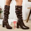 Retro Solid Brown Pu Knee-High Boots Women 2025 Winter Pointed Toe High Heel Western Cowboy Boots Slip On Long Booties Plus Size