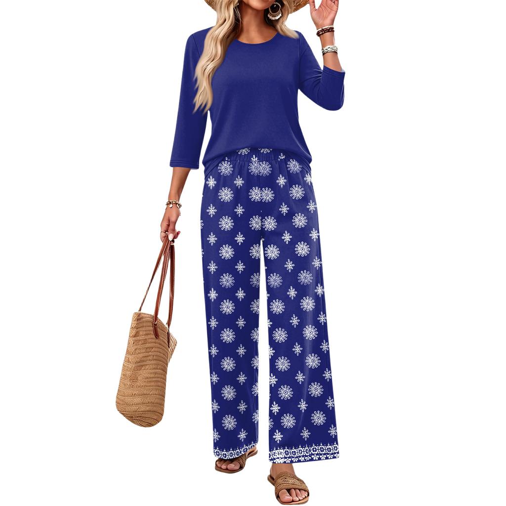 Women's Casual Fashion Round Neck Loose Fit Printed Three Quarter Sleeve Top with Wide Leg Pants Set Comfortable Lounge Wear