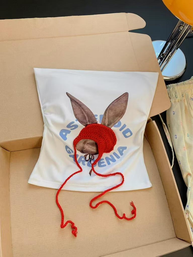 Sleeveless Bandeau Top for Women with Built - In Bra Featuring Little Red Riding Hood Rabbit and Letter Prints. Slim - Fitting Spicy Girl Inner