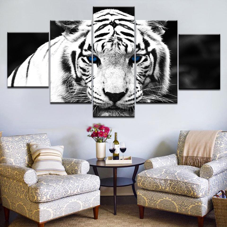 Blue Eyed White Tiger White Tiger Eyes 5 Panel HD Print modern art painting wall posters Canvas For home living room decoration