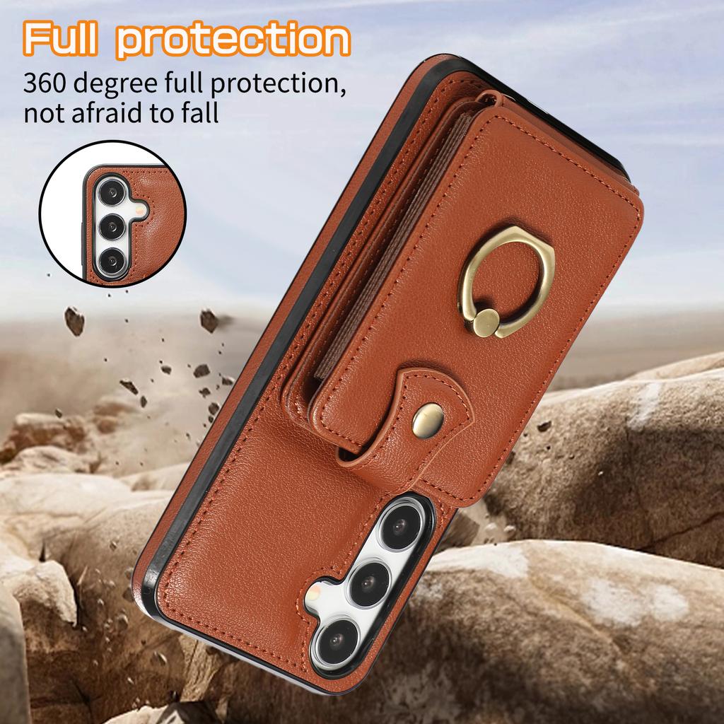 For Samsung Galaxy A26 5G Case Card Holder Ring Kickstand TPU+PU Leather Phone Cover with Long Strap