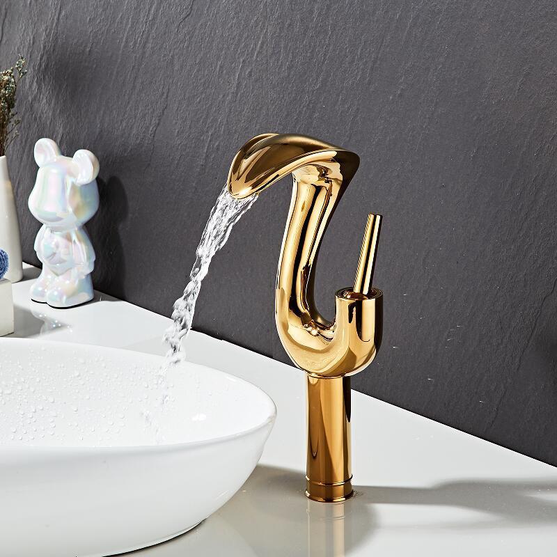 Tuqiu Black Bathroom Faucet Brass Gold Basin Faucet Cold And Hot White Waterfall Mixer Sink Tap Single Handle Deck Mounted  Tap