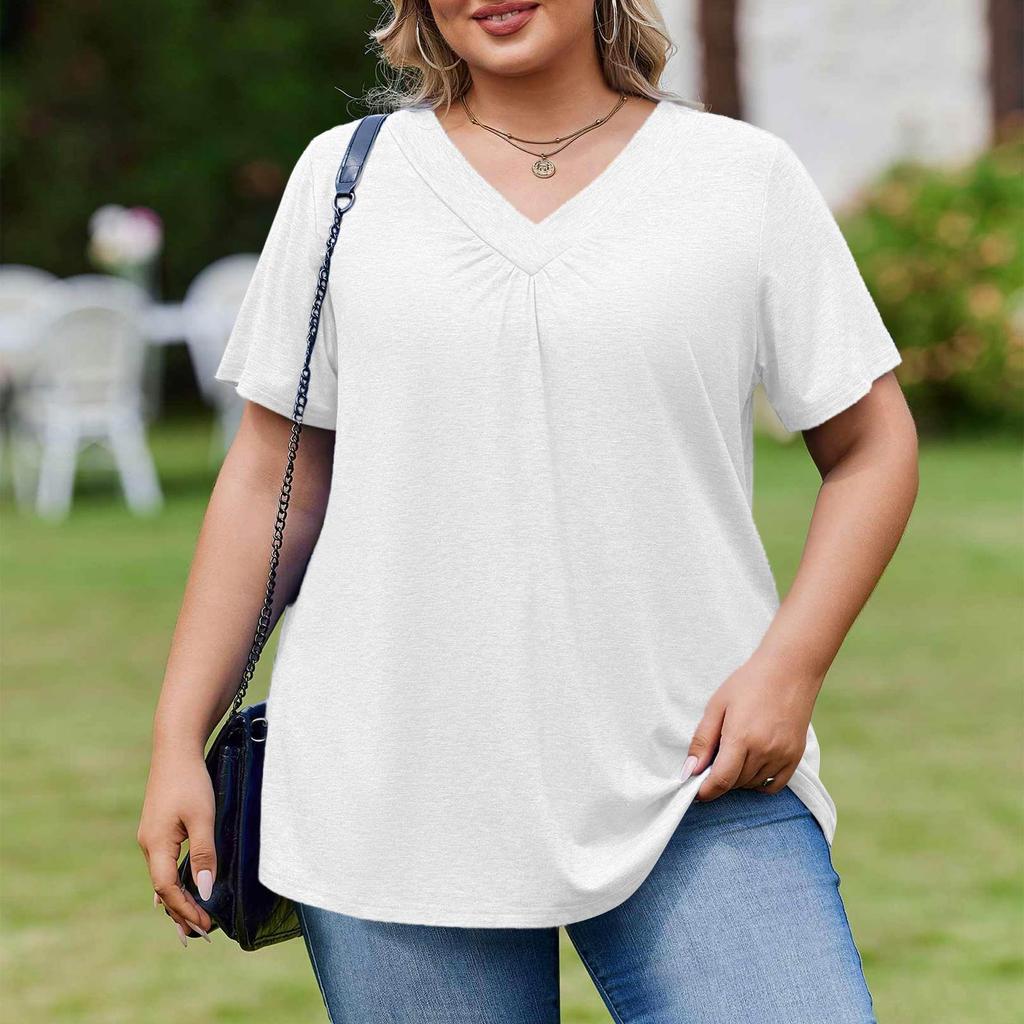 Женская модная повседневная свободная блузка большого размера с коротким рукавом, элегантная с V-образным вырезом, для работы