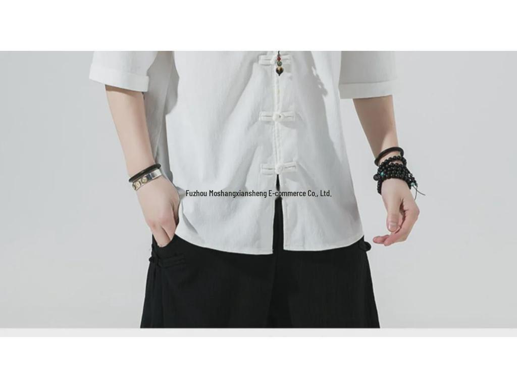 Мужская летняя рубашка из льна с коротким рукавом в стиле Тан - Топ в древнекитайском стиле Ханьфу