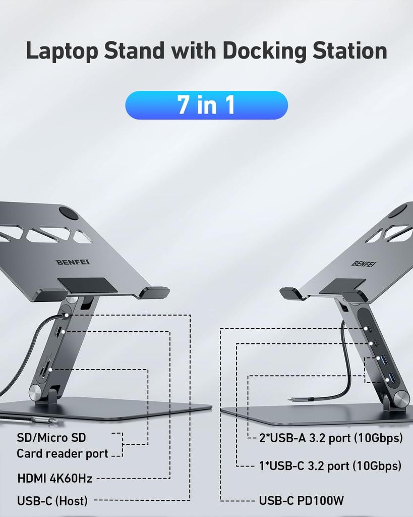 Подставка для ноутбука BENFEI, док-станция 7-в-1 USB-C, HDMI 4K@60Hz, SD x 1, Micro SD x 1, Power Delivery 100W, 10 Гбит/с, USB-C 3.2 x 1, USB-A 3.2 x 2, Совместим