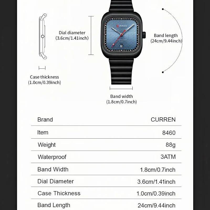 Men's Casual Quartz Watch Creative Square Calendar Dial Stainless Steel Strap Men's Wristwatch Festival Gift Men's Exquisite Gift Watch