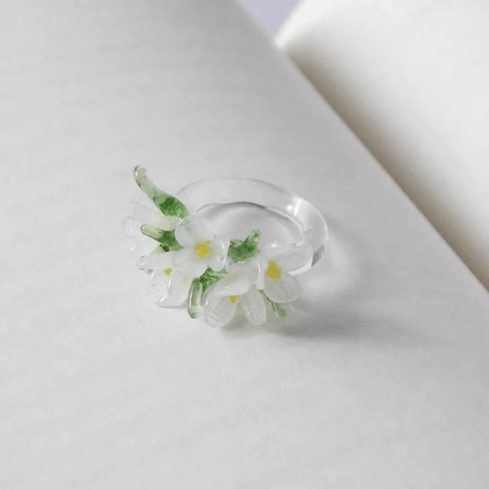 Fashion Four-leaf Clover Ring Handmade Glass Coloured Glaze Ring Lotus Flowers Finger Ring Summer