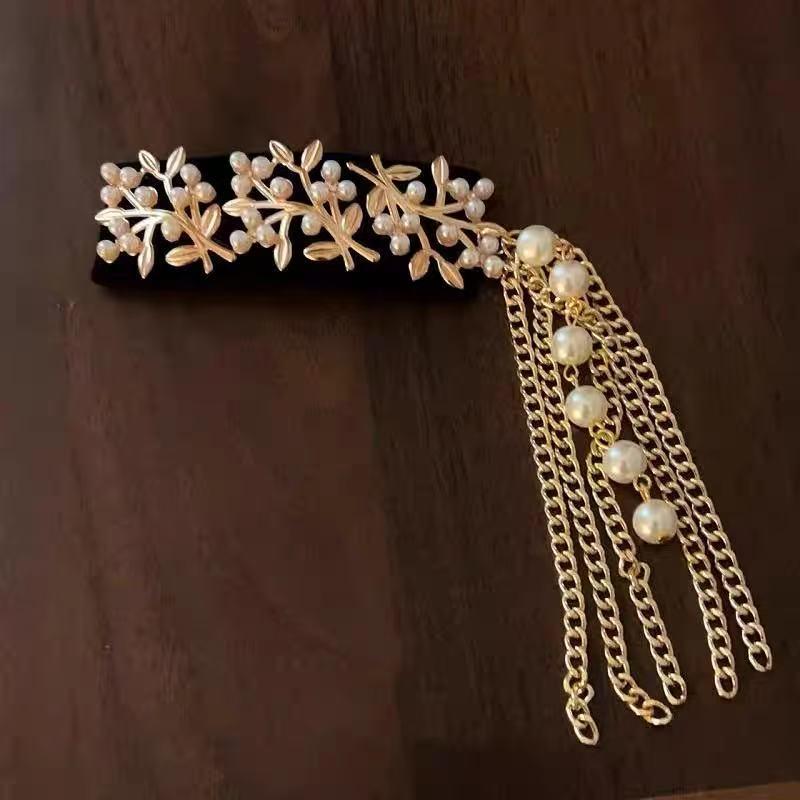 Blue Gem Healing Rhinestone Pearl Ethnic Tassel Hair Clip for Women