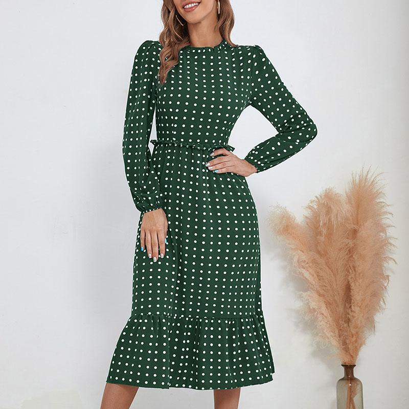 YYFS Женские винтажные повседневные платья в горошек с принтом на лето и весну с длинным рукавом и круглым вырезом с высокой талией