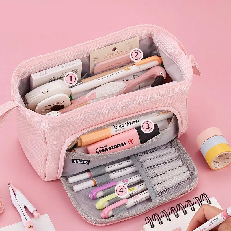 Angoo Cute Pencil Case Special Macaron Side Window Canvas Big Pencil Pouch Pen Box Storage Bag Student School Stationery