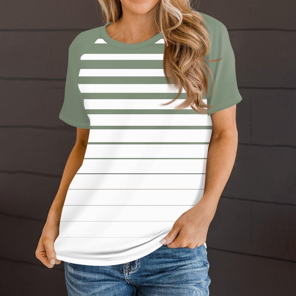 Женская летняя повседневная полосатая градиентная футболка с круглым вырезом и рукавом реглан с коротким рукавом