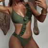 Sexy One Piece Swimsuit Swimwear Women Solid Ruffled V-neck Halter Army Green Bathing Suit Beachwear Banadores Mujer