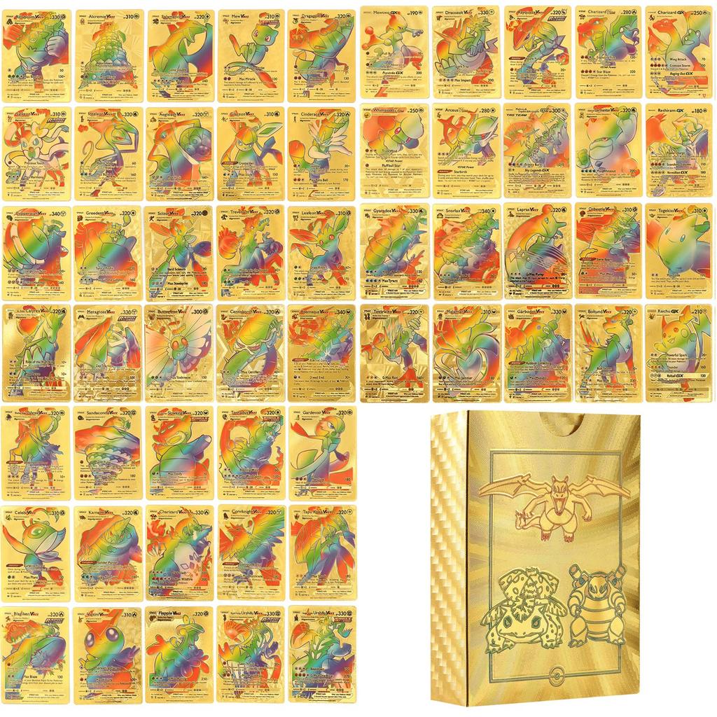 55 Pcs ( 5GX+3Vstar+47V-max) Rainbow Gold Foil Assorted Cards, GX V-star V-max Charizard Card Card Set Children's Birthday Gift Card Collectors