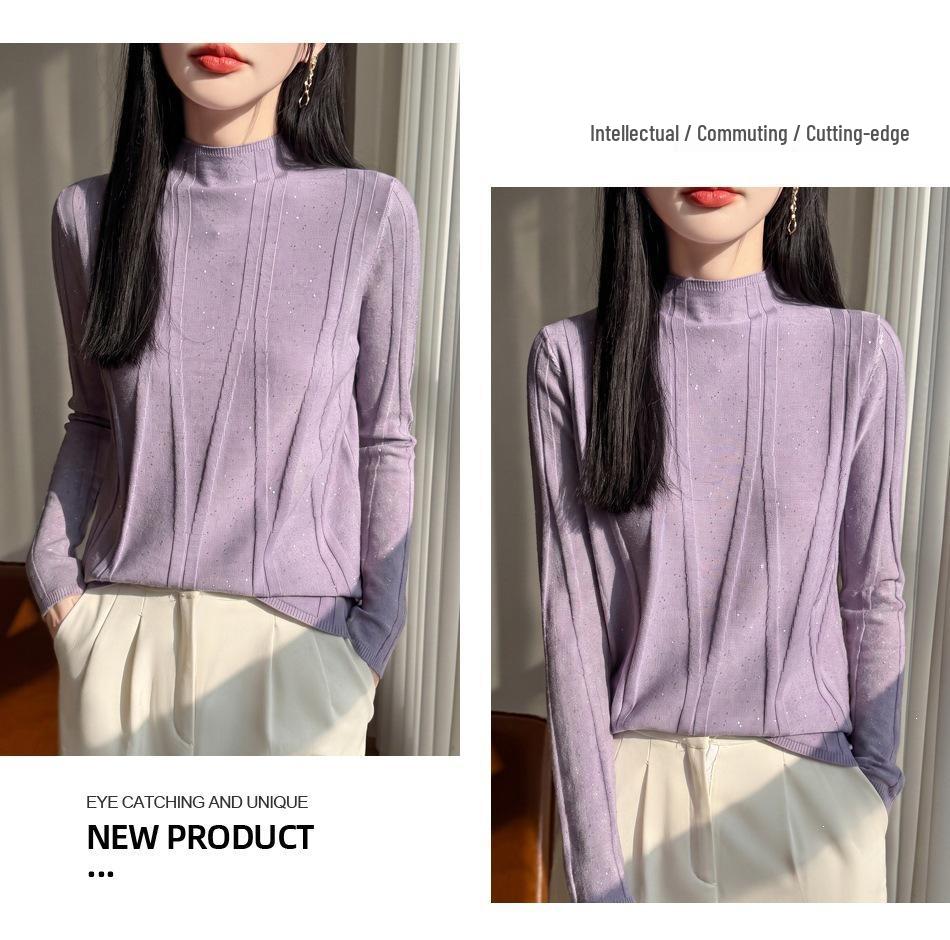 2026 Women's Autumn/Winter Slim-Fit Rhinestone Knit Sweater with Half-High Collar