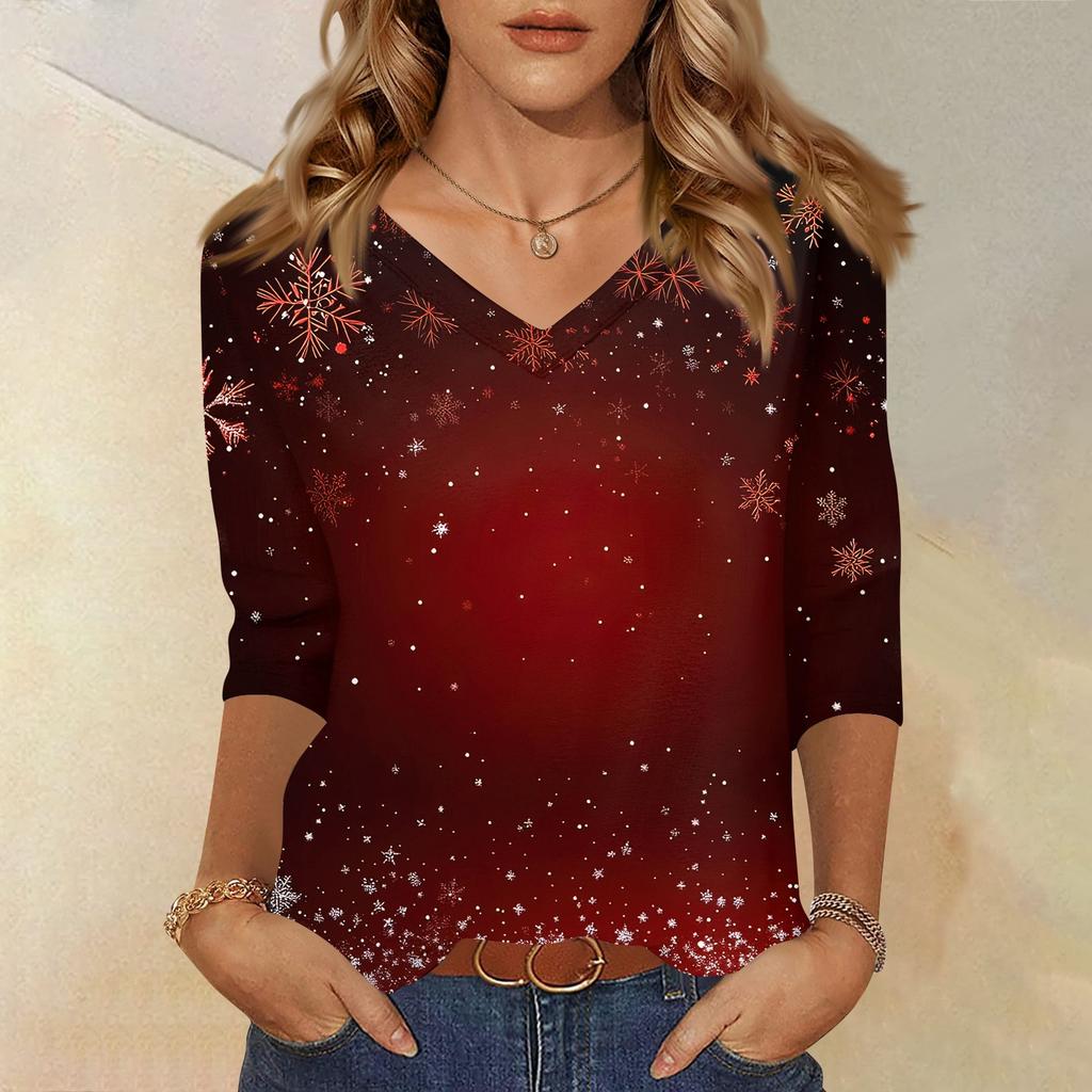 Women's T Shirt CHristmas Print 3/4 Sleeve Daily Weekend Fashion Basic V- Neck Regular Top