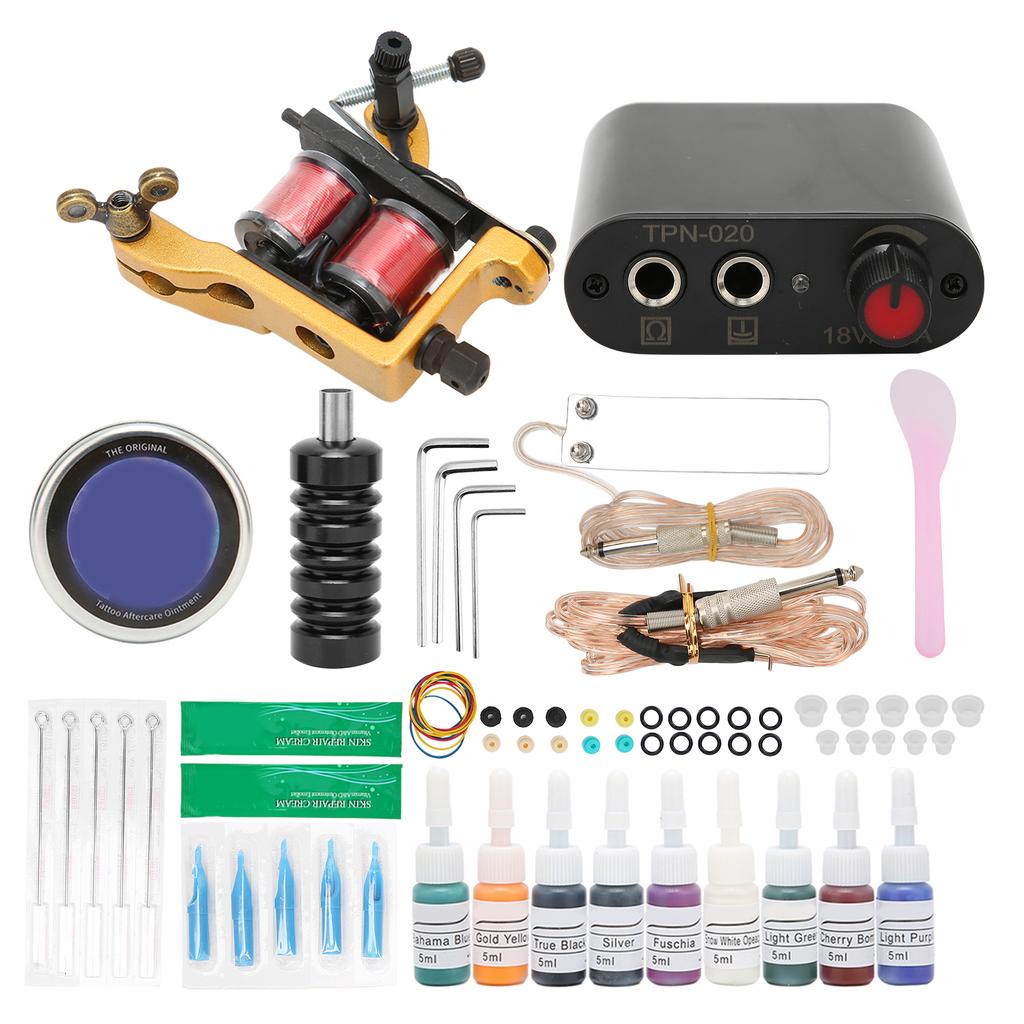 Complete Starter Tattoo Kit Professional Coil Tattoo Machine Power Supply Kit 9 Ink Tattoo Supplies