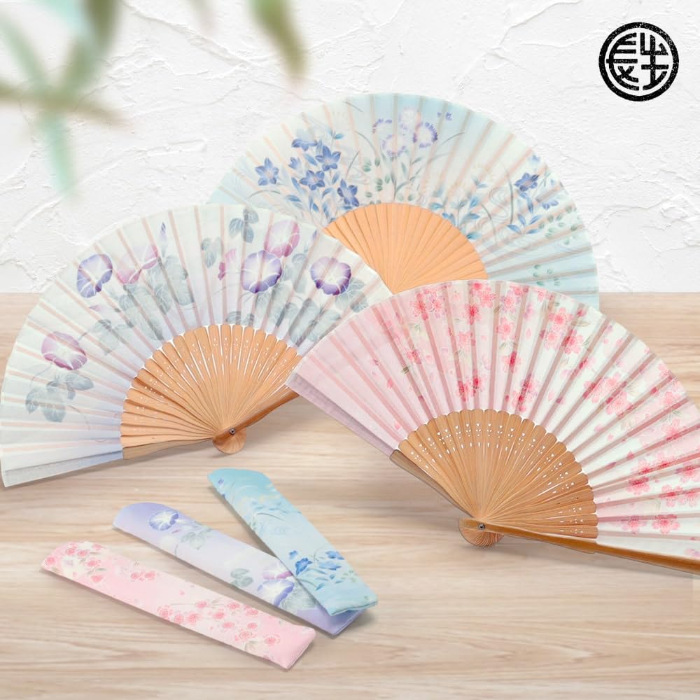 Stylish Folding Fan with Pouch and Handkerchief Set Glory [Osaka Choseido] Women's (Flower Poem) (Morning (Purple))