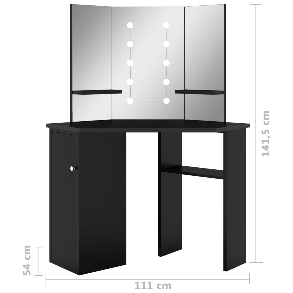 Corner Vanity Table with LED Lights Black 111 x 54 x 141.5 cm