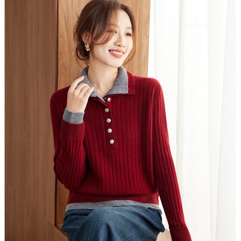 Women's 100% Wool Faux Two-Piece Ribbed Sweater