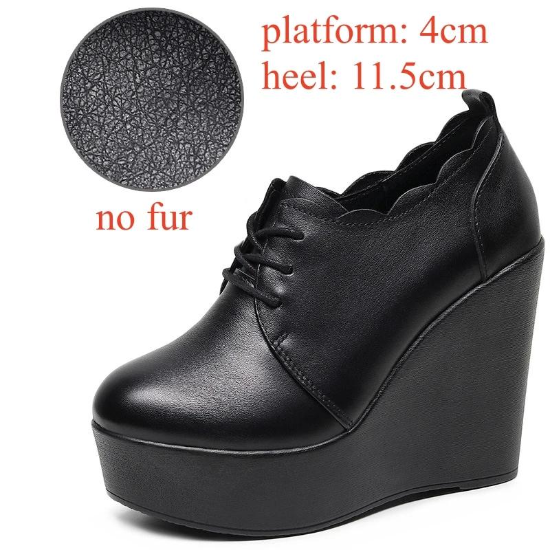 Маленький размер 33-43 Туфли из натуральной кожи с глубоким вырезом, на толстой подошве-платформе, Зима 2025, Высокий каблук, Тапочки-клинья, Офисная модель