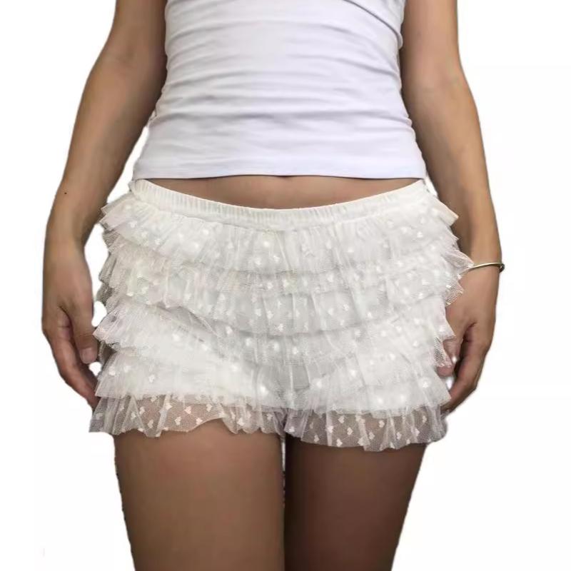 Lolita Y2k Bloomers Polka Dot Slim Shorts Women Kawaii Low Waist Layered Ruffle Elastic Pants Fashion Chic Casual Streetwear Trousures