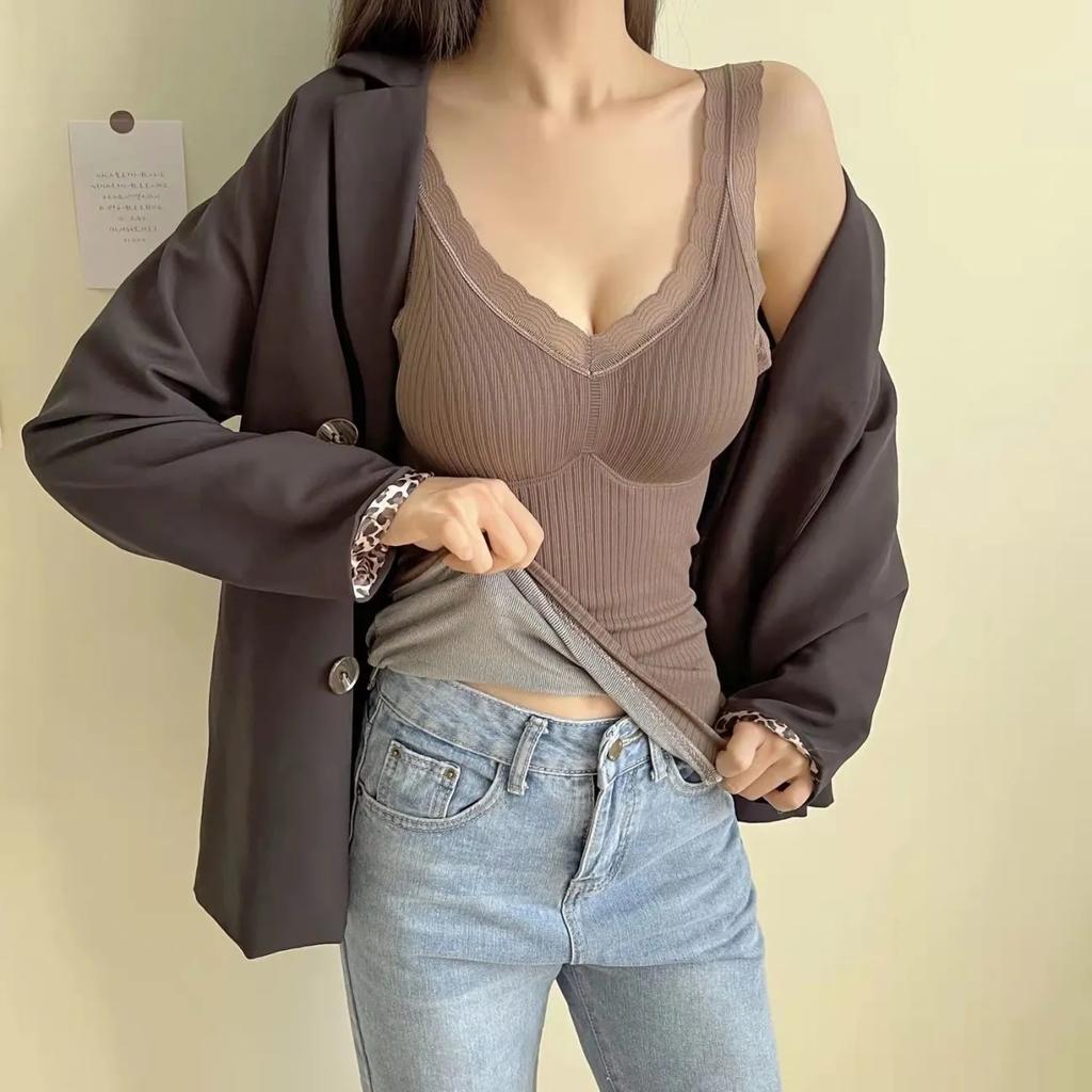 Сексуальная зимняя одежда, терможилет с подкладкой, женское бархатное теплое термобелье, тонкая бесшовная кружевная майка без рукавов с v-образным вырезом