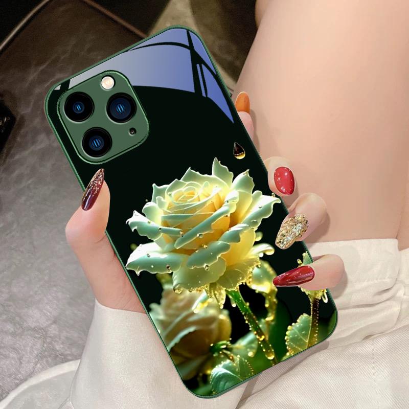 Черный чехол из закаленного стекла для телефона для iPhone 15 Pro 14 13 12 Mini 11 XS Max XR 7 8 Plu SE 2020 2022 Чернила Гора Камелия