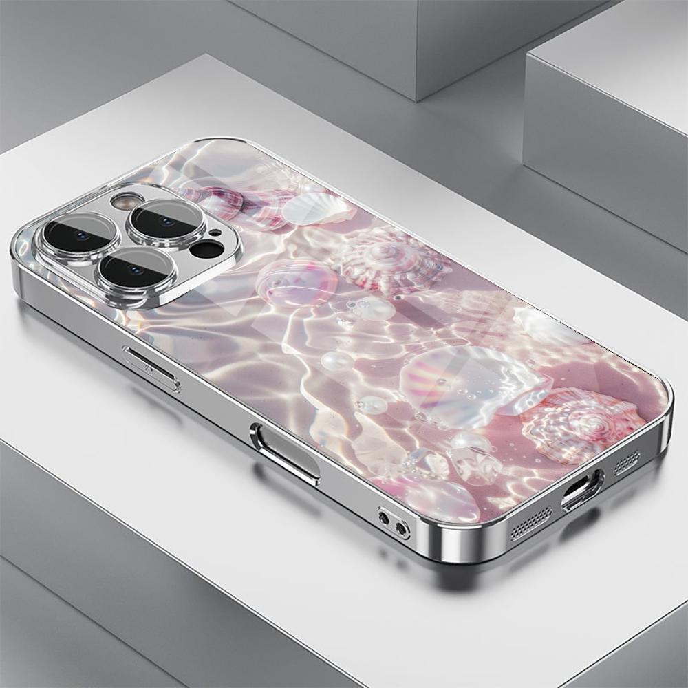 Shimmering Water Surface Silver Plating Glass Phone Case For iPhone 17 16 15 14 13 12 11 Pro Max Plus Anti‑Knock Back Cover