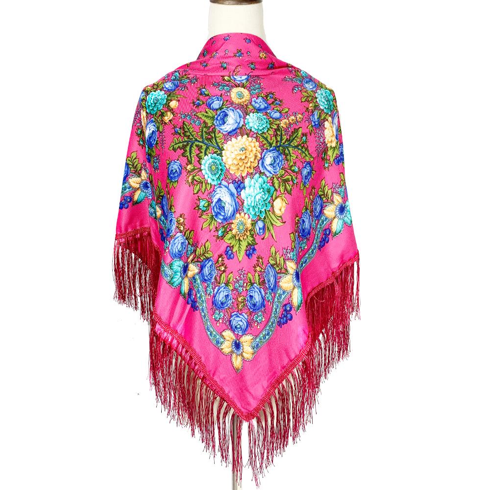 Women Retro Ukrainian Fringed Shawl Babushka Bandana Handkerchief Female Head Wraps Russian Floral Print Square Scarf