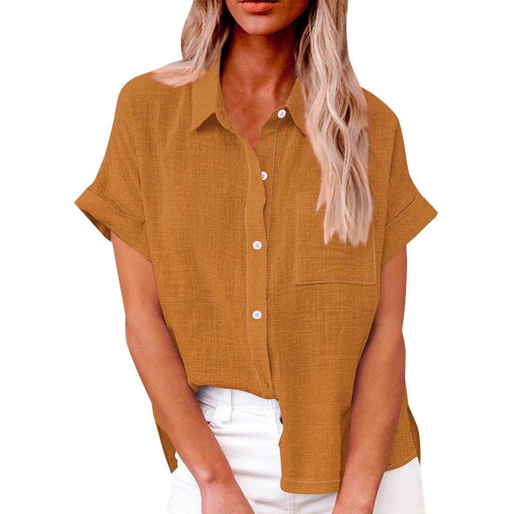 Women's Loose Casual Short Sleeve Lapel Button With Pocket Solid Colour Shirt Top