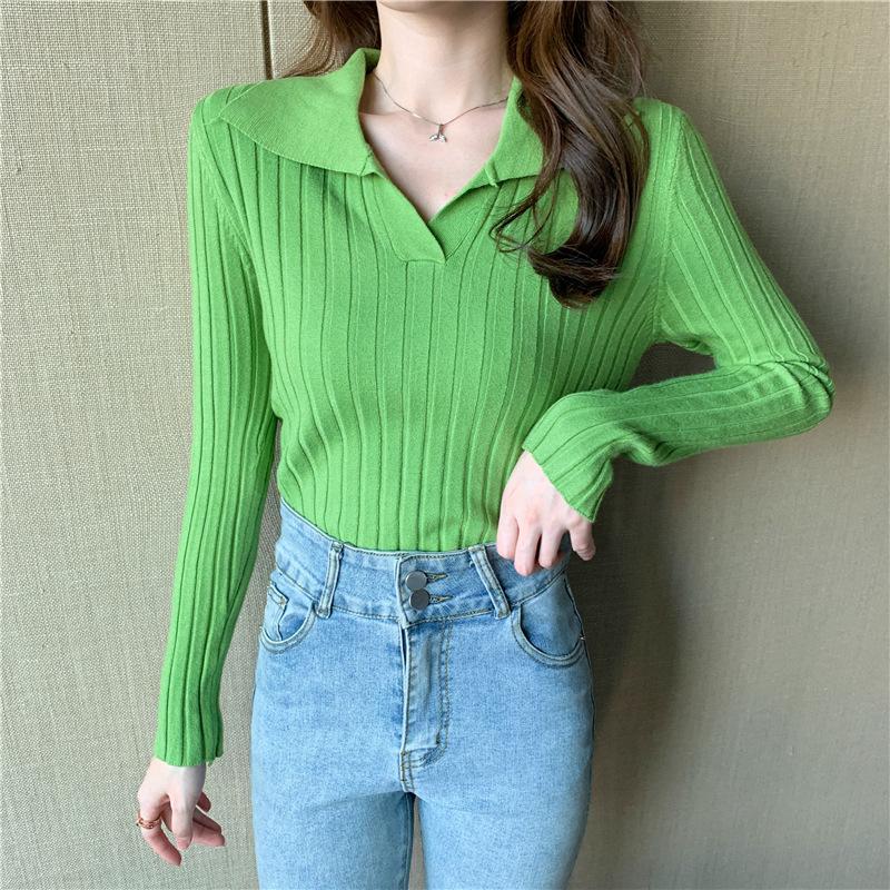 Autumn/winter Knitted T-shirt Women's Pullover Knit Sweater V-neck Polo Shirt Top Knitted Undershirt Women's Stretch Skinny Sweater Undershirt