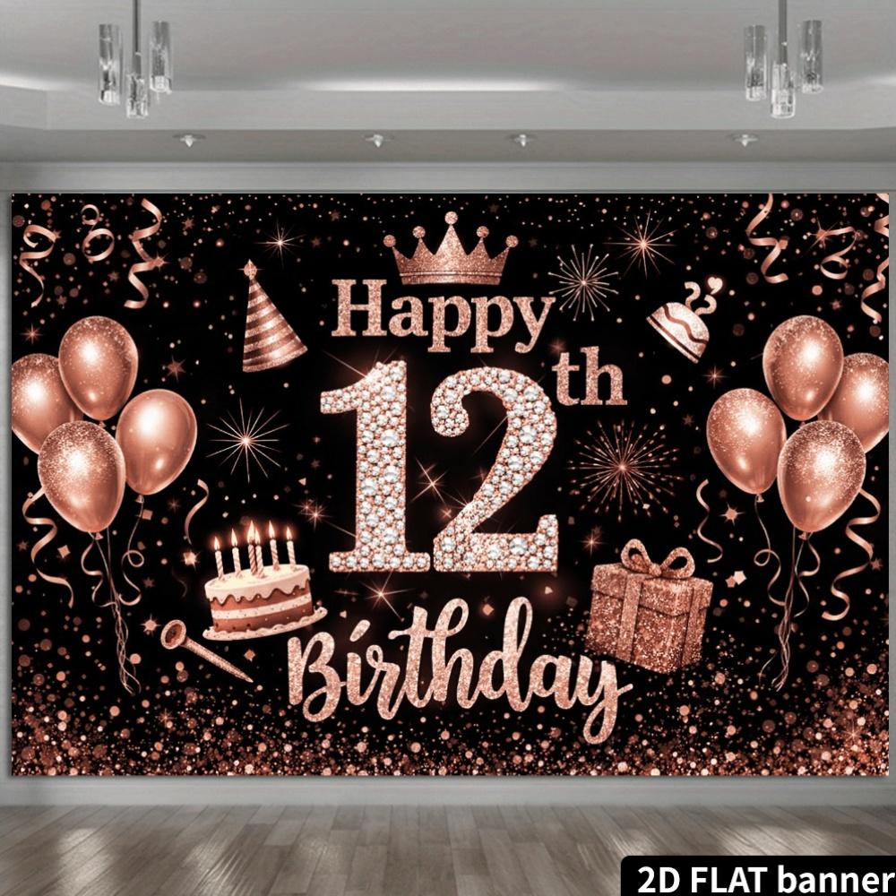 2D Flat Banner, 12th Birthday Backdrop, Rose Golden Theme, Large Number, Birthday Cake, Balloons, Sparkling Decorations, Confetti