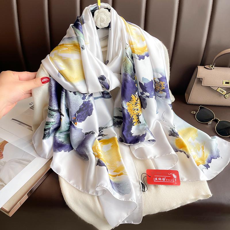Long Silk Scarf Spring and Summer Thin Style Printed Scarf Beautiful Brocade Lotus Shawl Imitation Silk Scarf Gauze Scarf