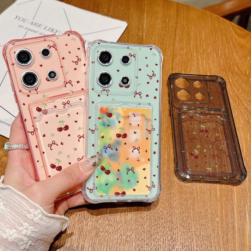 Мягкий силиконовый чехол с рисунком вишневого банта и слотом для карт для Xiaomi 14T 13T Pro Poco F6 Pro X6 C65 Redmi Note 13 12 Pro 11, противоударный прозрачный чехол для телефона