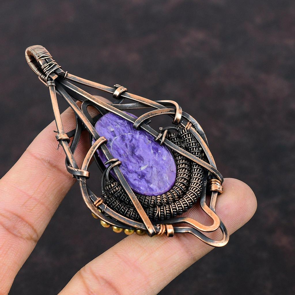 Подвеска из чароита, обернутая медной проволокой, драгоценный камень, подвеска ручной работы, обернутая медной проволокой, стильная подвеска, антикварное ювелирное изделие, подарок для мамы