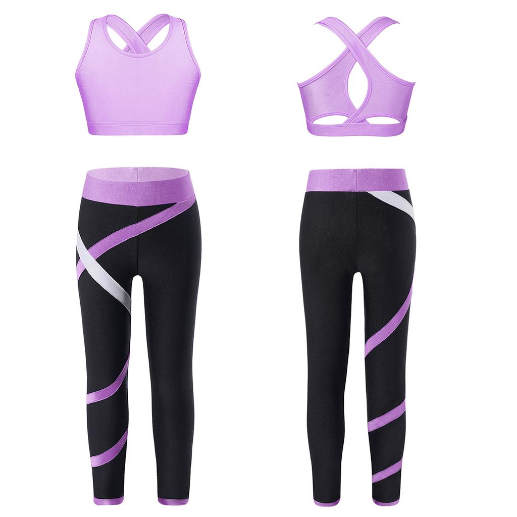 Girls Crop Top U Neck Cross Straps Keyhole Back Sleeveless Color Block Leggings Yoga Sports Set