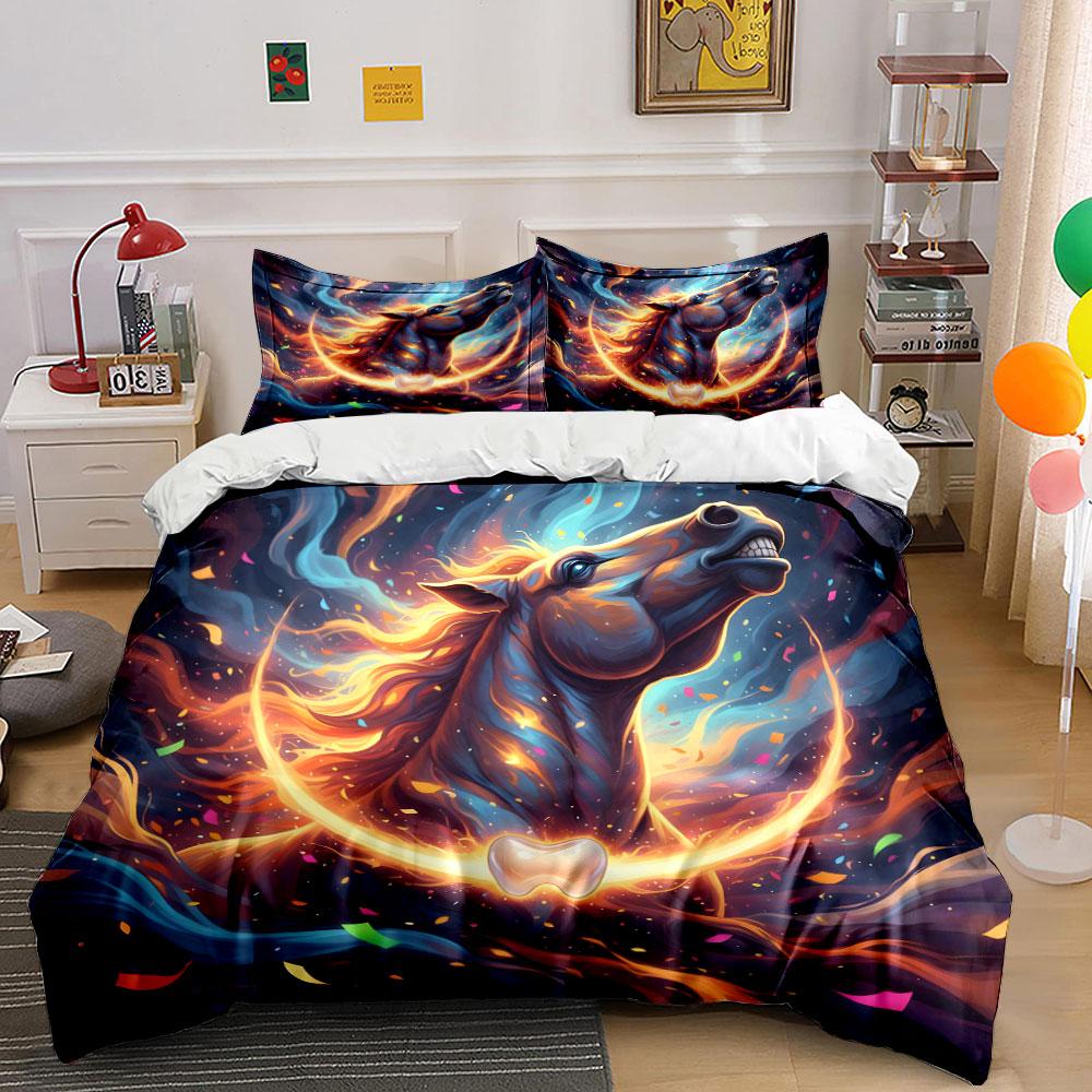 "Fiery Horse-Themed Decorative Set"  kid's and adults' bedroom decor, Exquisite three-piece bedding set gift